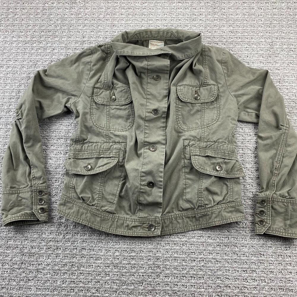 Eddie Bauer Rip Stop Khaki Light Jacket Women Small S Brown Button Up Cowl Neck